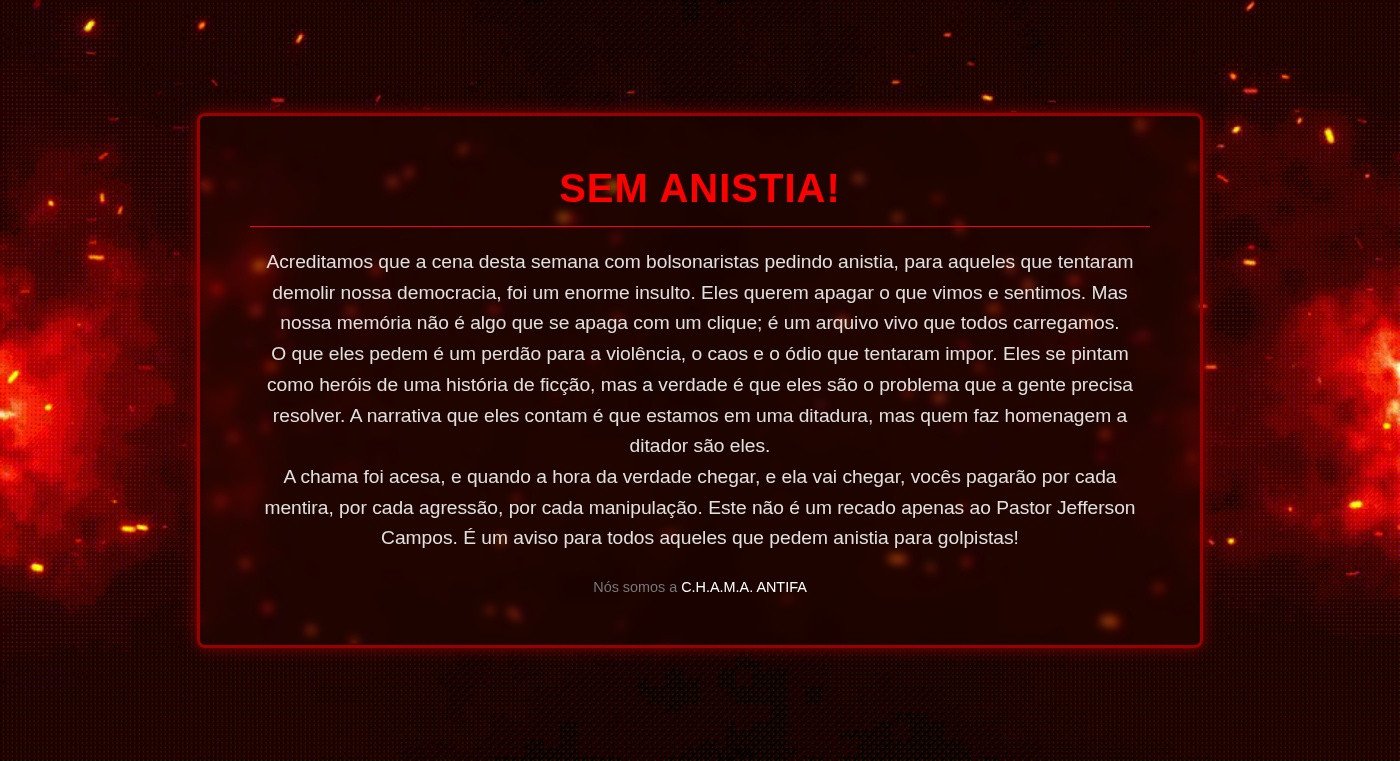 Grupo antifascista invade sites de Jefferson Campos e Júlia Zanatta em protesto contra anistia a golpistas - Imagem do artigo original