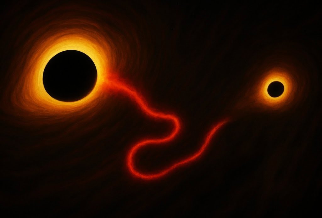 Imagem inédita revela jato de plasma torto na galáxia OJ 287 com dois buracos negros gigantes - Imagem do artigo original